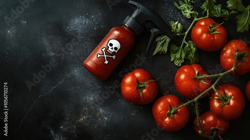 Concept of harmful pesticide application in agriculture featuring tomatoes and a spray bottle labeled with a skull and crossbones against a dark backdrop providing empty space for text