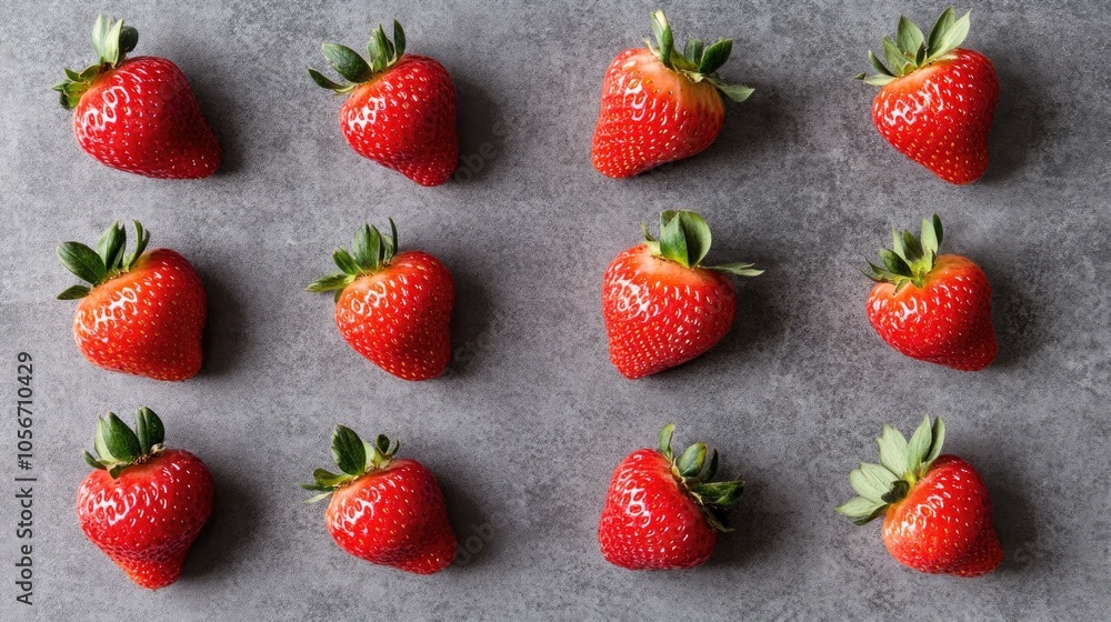 Vibrant Fresh Strawberries Displayed on a Gray Surface Vibrant Fresh Strawberries Displayed on a Gray Surface
