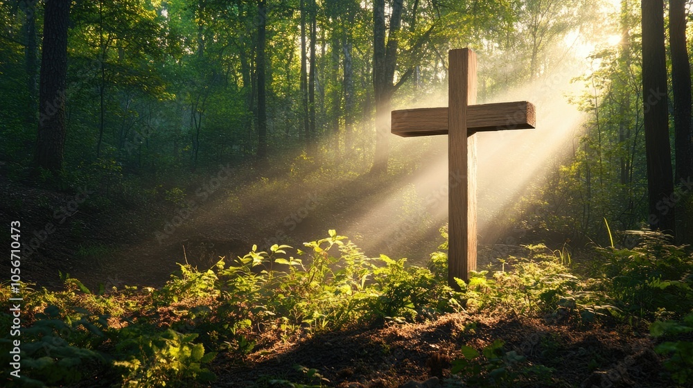 Wooden cross surrounded by a tranquil forest with sunlight streaming through the foliage Wooden cross surrounded by a tranquil forest with sunlight streaming through the foliage