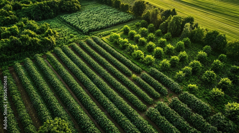 Fototapeta premium Aerial perspective of lush agricultural fields showcasing various crops