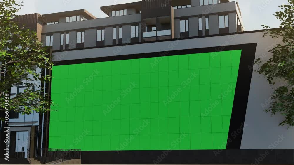modern Empty billboard with a green screen for front of architectural building advertising 4k 3D animation modern Empty billboard with a green screen for front of architectural building advertising 4k 3D animation