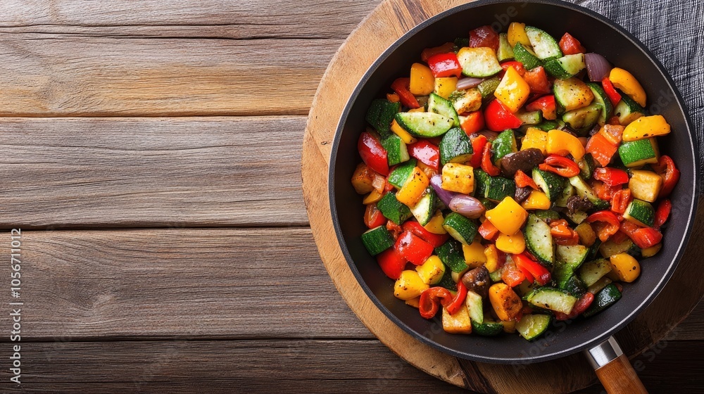 Vegetable medley in a traditional pan on a wooden surface reflecting a plant based culinary theme Vegetable medley in a traditional pan on a wooden surface reflecting a plant based culinary theme