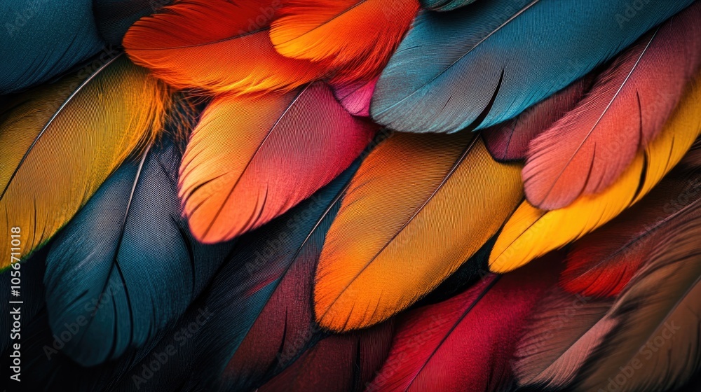Obraz premium Close up of vibrant multi colored feathers against a dark background highlighting texture color lightness and the essence of nature