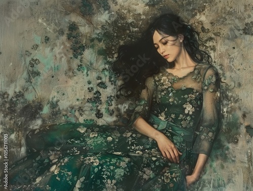 Dreamy Portrait of a Woman in a Green Floral Dress