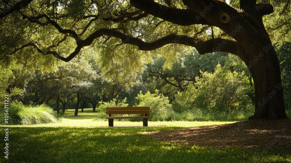 Tranquil Park Setting Featuring a Rustic Bench Beneath a Lush Tree Canopy Tranquil Park Setting Featuring a Rustic Bench Beneath a Lush Tree Canopy