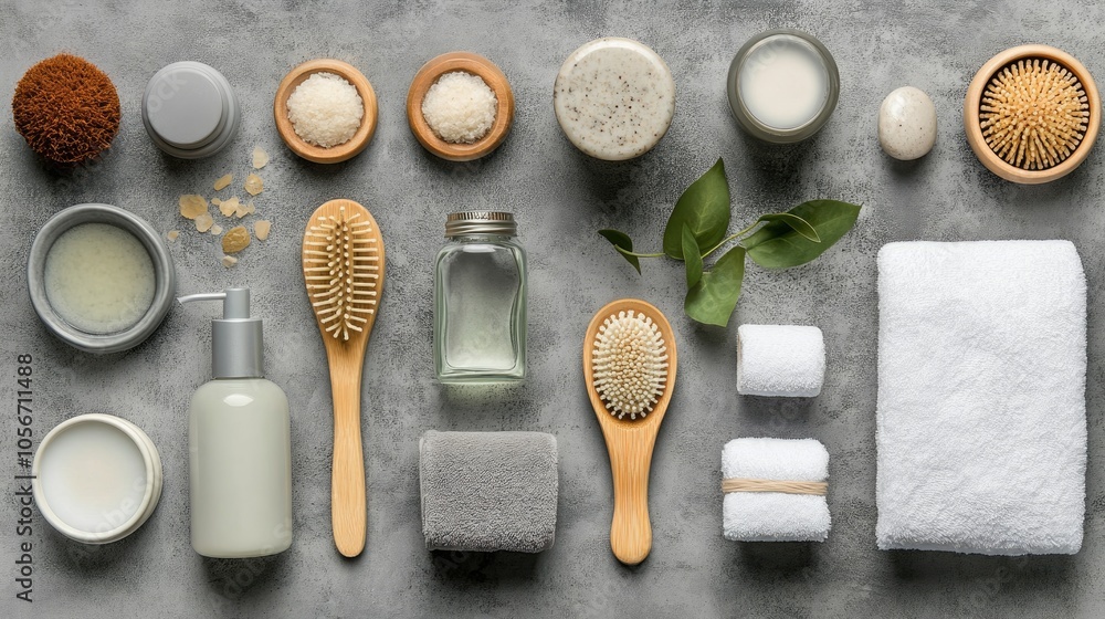 Assortment of spa items arranged on a gray backdrop viewed from above Assortment of spa items arranged on a gray backdrop viewed from above