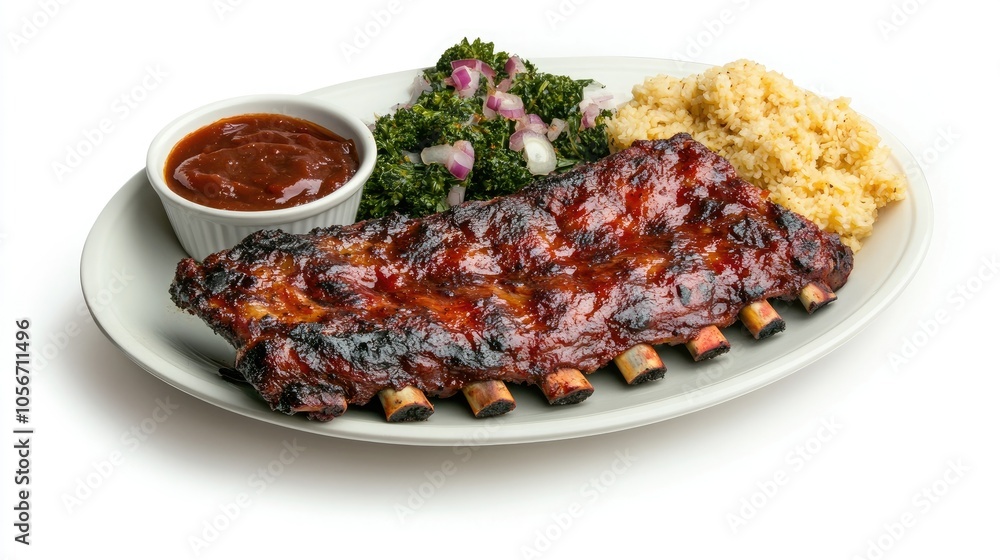 A plate of smoky grilled pork ribs served with a variety of side dishes, the ribs glistening A plate of smoky grilled pork ribs served with a variety of side dishes, the ribs glistening