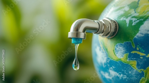 A close-up of a water faucet with a single drop of water falling from it, against a blurred green background, symbolizing the precious resource of water on Earth.