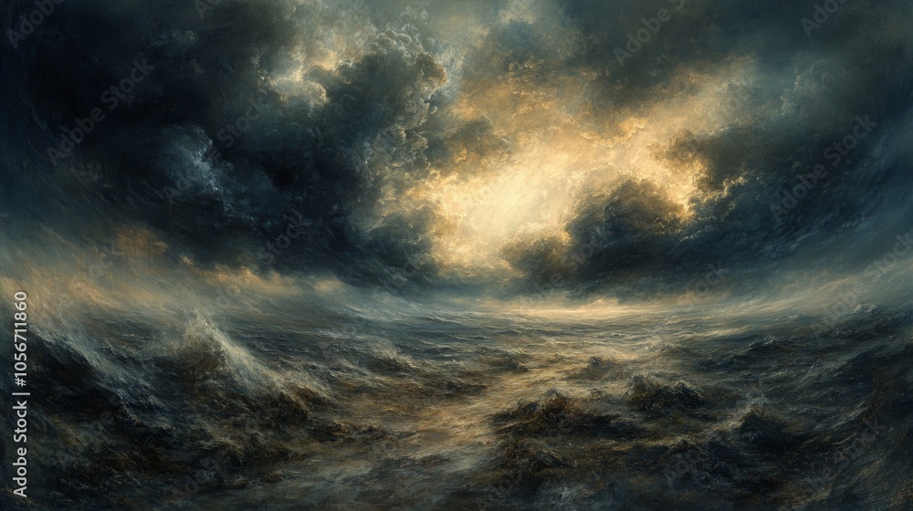 Fototapeta premium A Golden Light Emerging Through Storm Clouds Above a Troubled Sea