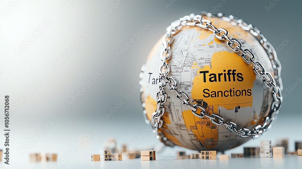 A chained globe symbolizes global trade issues, depicting tariffs and sanctions in a modern economic context.