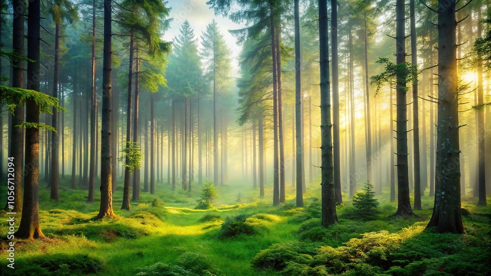 Peaceful forest landscape with tall trees and a misty atmosphere, serene, trees Peaceful forest landscape with tall trees and a misty atmosphere, serene, trees