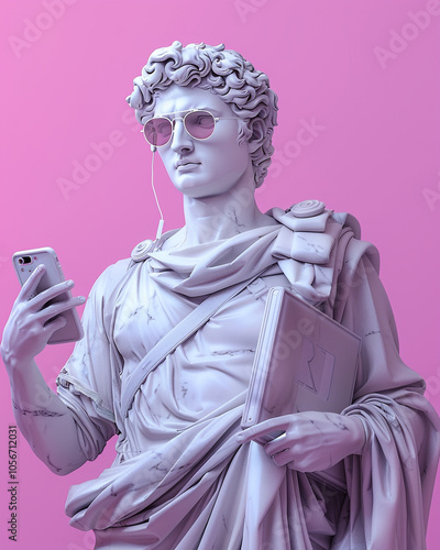 Antique statue holding mobile phone photo