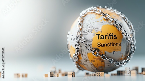 Obraz na płótnie A chained globe symbolizes global trade issues, depicting tariffs and sanctions in a modern economic context. w salonie