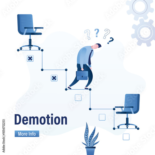 Demotion, landing page. Businessman loser go down from career ladder, boss chair. Regress, economic crisis or career stumble. Business risk, mistake or failure,