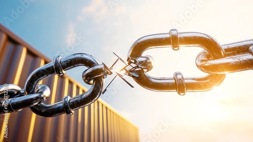 A close-up of a broken metal chain links symbolizing disruption and failure against a bright sky background. photo