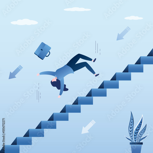 Demotion, businesswoman loser fall down stairs in economic crisis or career stumble. Business risk, mistake or failure, challenge or problem and difficulty.