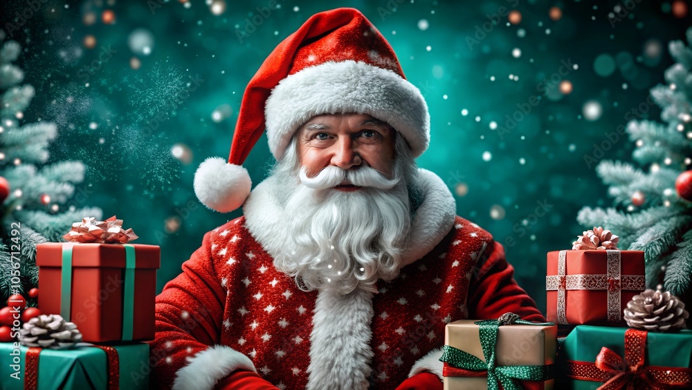Santa Claus. Christmas holiday background with portrait of person grandfather on green festive decoration, tree, gift, winter forest. Collection, card, design in Merry Christmas, Happy New Year style. Santa Claus. Christmas holiday background with portrait of person grandfather on green festive decoration, tree, gift, winter forest. Collection, card, design in Merry Christmas, Happy New Year style.