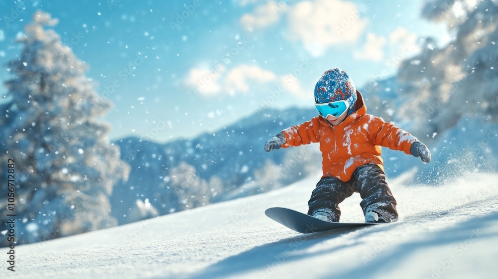 A young child is snowboarding down a snowy slope A young child is snowboarding down a snowy slope