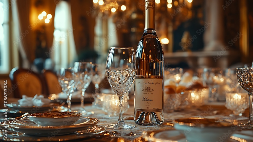 Modern wine bottle and crystal glass in elegant luxury Modern wine bottle and crystal glass in elegant luxury