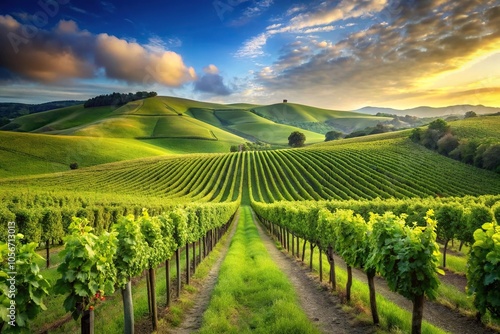 Wallpaper Mural Rolling hills with lush green vines and grapevines stretching towards the sky, wine production, winery, countryside, grapes Torontodigital.ca