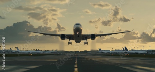 Majestic Airplane Landing at Sunset photo