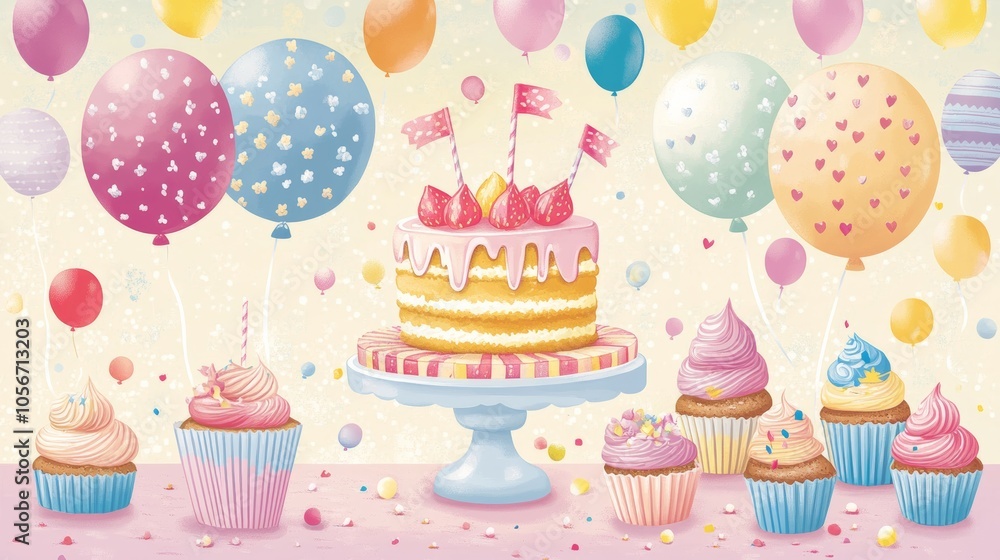 A happy birthday greeting with a cake, cupcakes, and colorful balloons, perfect for a party invitation or birthday card. A happy birthday greeting with a cake, cupcakes, and colorful balloons, perfect for a party invitation or birthday card.