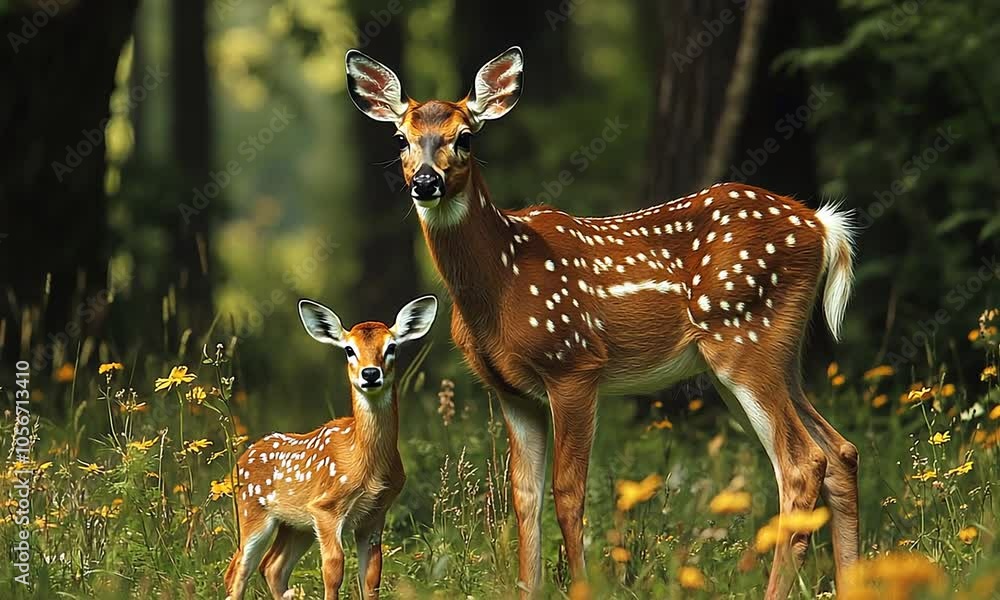 A mother deer and her fawn in a sunlit forest meadow. A mother deer and her fawn in a sunlit forest meadow.