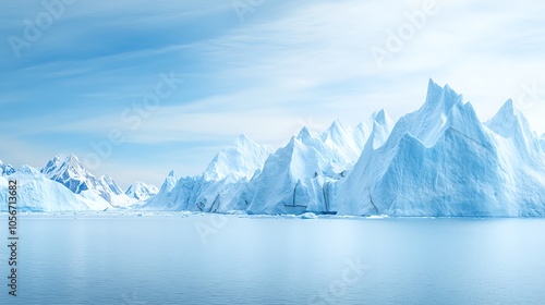 A stunning icy landscape showcasing majestic glaciers and serene reflections on calm water under a blue sky. photo