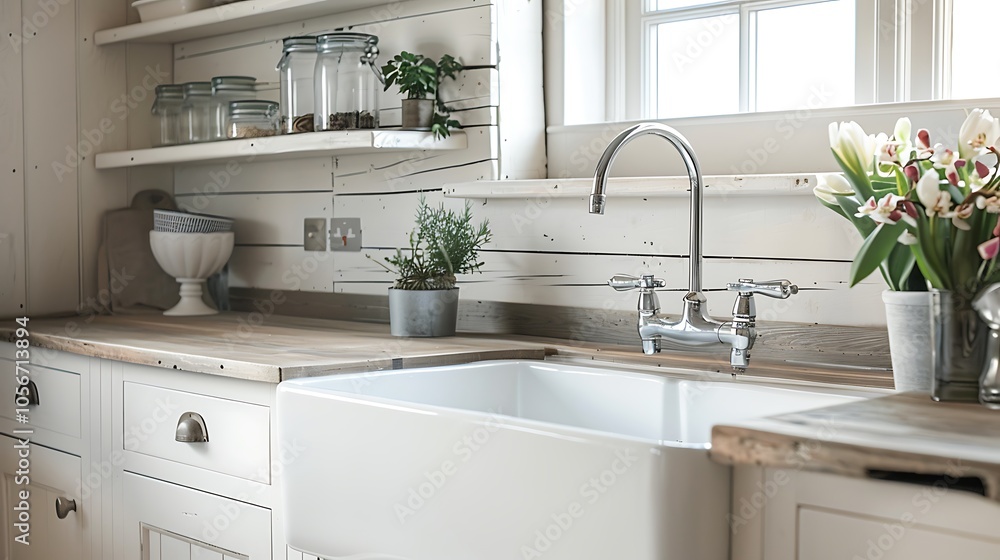 Bright farmhouse kitchen, white sink, rustic design, modern country house, natural light, text space. Bright farmhouse kitchen, white sink, rustic design, modern country house, natural light, text space.