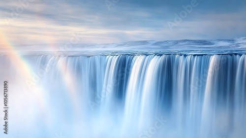 Stunning waterfall cascading down in a serene landscape, surrounded by mist and vibrant colors, creating a peaceful atmosphere.