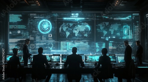 Silhouetted figures in a dark room monitoring a vast network of data on a digital screen. photo