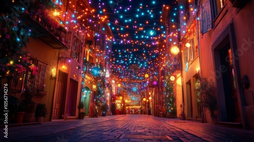 Festive Street in a European City at Night