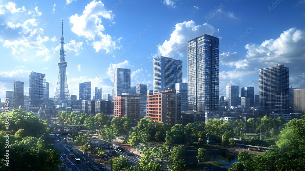 Obraz premium 3D Cityscape Illustration with Skyscrapers and Lush Trees