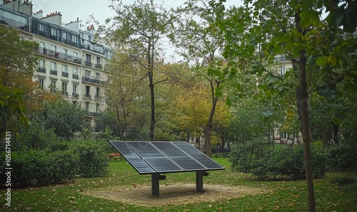 A solar panel is installed in a park in a city