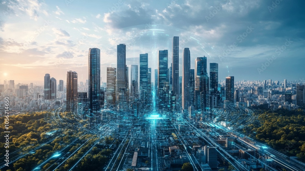 Fototapeta premium Futuristic Cityscape with Digital Network Overlay
