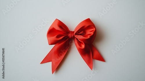 A bright red ribbon tied into a bow, set against a plain white backdrop.