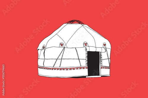 Illustration of a Traditional Kazakh Yurt on red background Celebrating Nauryz, the Kazakh New Year and Spring Festival