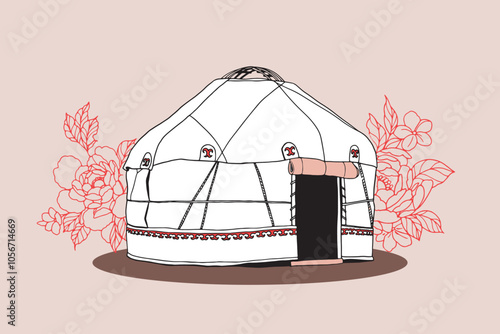 Illustration of a Traditional Kazakh Yurt with Floral Patterns Celebrating Nauryz, the Kazakh New Year and Spring Festival