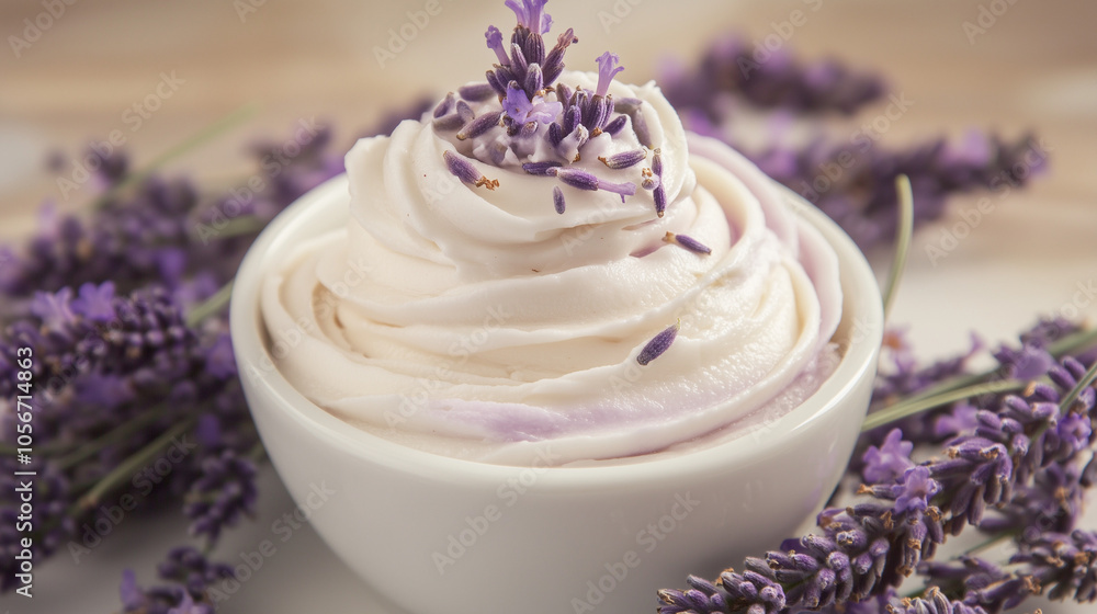 Lavender Whipped Cream in a White Bowl Lavender Whipped Cream in a White Bowl