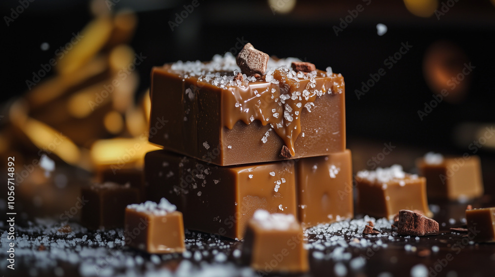 Salted Caramel Delight: A decadent stack of handmade salted caramel fudge squares, sprinkled with sea salt and chocolate chips, in a close-up shot showcasing the rich. Salted Caramel Delight: A decadent stack of handmade salted caramel fudge squares, sprinkled with sea salt and chocolate chips, in a close-up shot showcasing the rich.