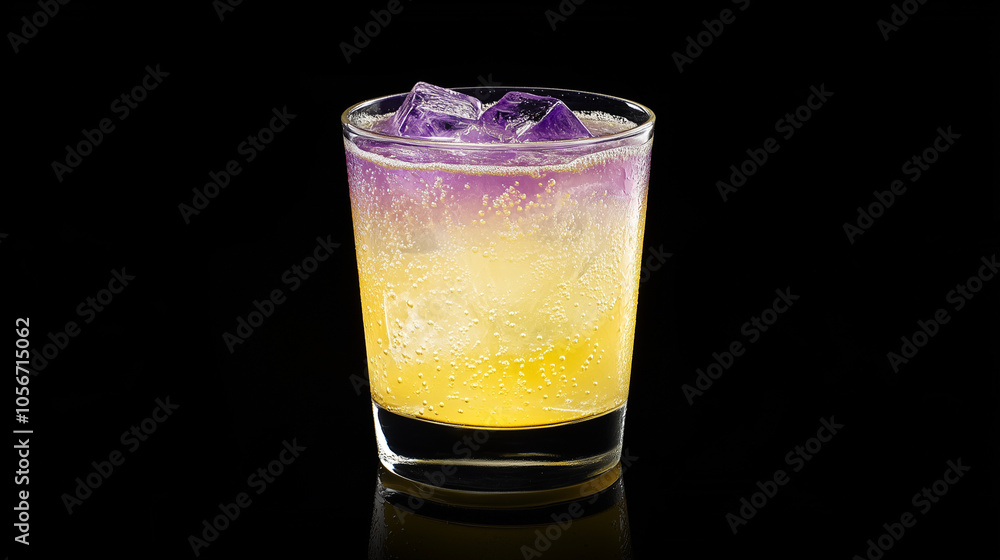 Twilight Fizz: A vibrant cocktail with layers of purple and yellow, served in a rocks glass with ice. Perfect for a sophisticated evening. Twilight Fizz: A vibrant cocktail with layers of purple and yellow, served in a rocks glass with ice. Perfect for a sophisticated evening.