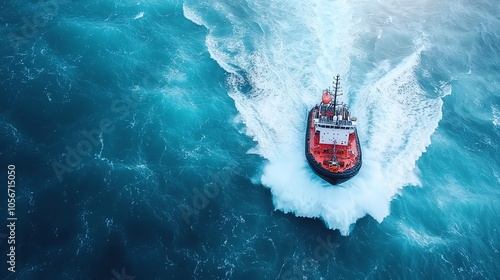 Aerial view of a vibrant tugboat navigating through turquoise waters, showcasing the power of maritime transport. photo