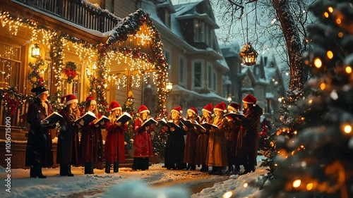 Christmas carolers singing joyfully outside a decorated house, with snow gently falling around them, spreading holiday cheer. . Video