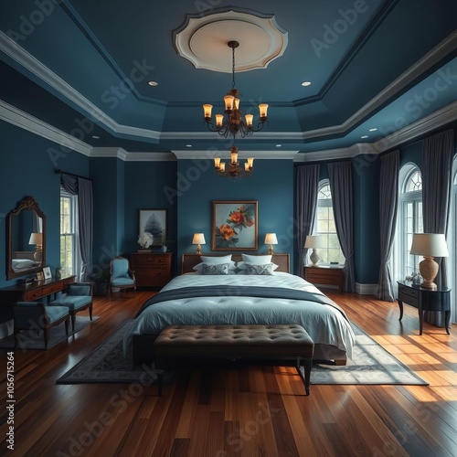 Large blue master bedroom with a kingsized bed furniture and drapes curtains on the windows with hardwood floors master bedroom  photo