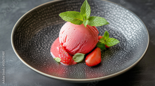 Strawberry Sorbet Delight: A scoop of vibrant pink sorbet, garnished with fresh strawberries and mint leaves, sits temptingly on a sleek black plate. photo