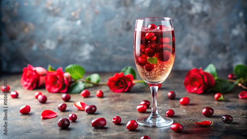 Sparkling Cranberry Spritzer in a champagne flute with fresh cranberries and rose petals, refreshing, cranberry juice, fall decor, champagne flute, garnish Sparkling Cranberry Spritzer in a champagne flute with fresh cranberries and rose petals, refreshing, cranberry juice, fall decor, champagne flute, garnish