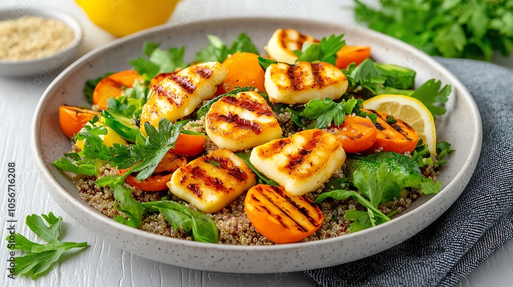 Colorful grilled halloumi salad with fresh greens, quinoa, and vibrant vegetables, garnished with herbs and lemon. Colorful grilled halloumi salad with fresh greens, quinoa, and vibrant vegetables, garnished with herbs and lemon.
