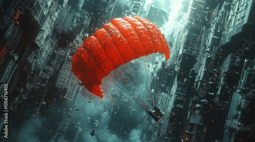 Red Parachute Descending Over a Futuristic Cityscape photo