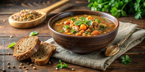 Steaming bowl of plant-based lentil soup with crusty whole grain bread, rustic bread, plant based, cozy atmosphere