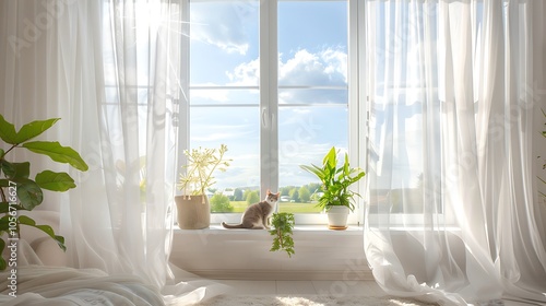 Bright living room, white window with sheer curtains, cat on sill, potted plant, sky view, landscape outside.